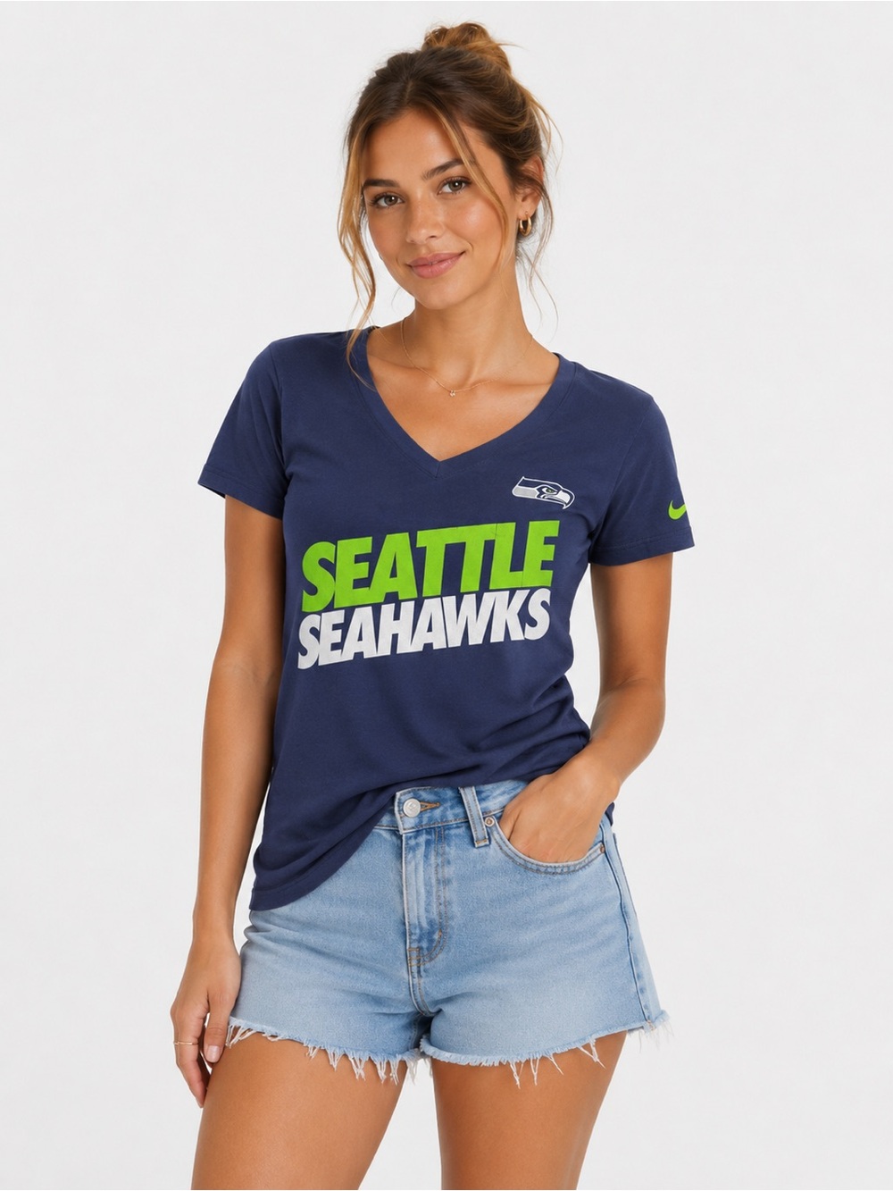 Nike Women's Seattle Seahawks Navy V-Neck Tee with Neon Green Script